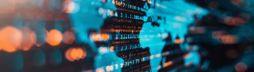 abstract blurred background with world map and code - futuristic technology, digital data, global ne