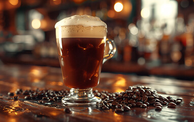 Wall Mural - Glass of irish coffee is standing on a bar counter with coffee beans scattered around