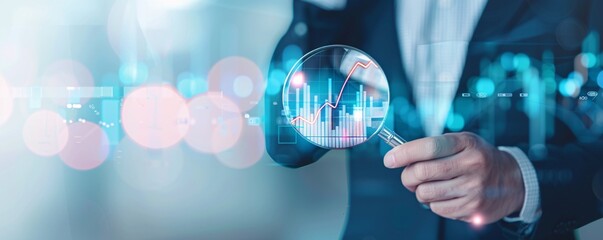 Poster - A businessman uses a magnifying glass to closely inspect a chart depicting interest rate trends, emphasizing the importance of thorough analysis in crafting effective investment strategies. Generous