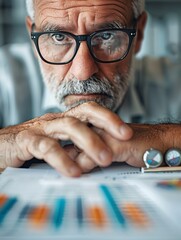 Poster - a thoughtful investor reviews a report on interest rate trends and their implications for investment