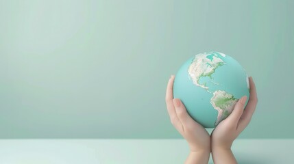 Wall Mural - A person is holding a globe in their hands. The globe is blue and white. Concept of responsibility and care for the environment