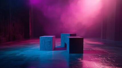 Poster - Abstract background wallpaper. Geometric shapes in purple and blue, depth perspective, visualization of data. technology, showcase, banner, game, sport, cosmetic, business, metaverse.