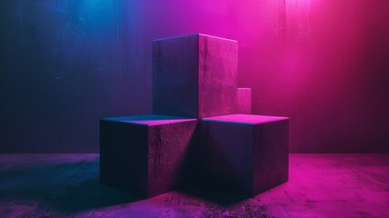 Poster - Abstract background wallpaper. Geometric shapes in purple and blue, depth perspective, visualization of data. technology, showcase, banner, game, sport, cosmetic, business, metaverse.