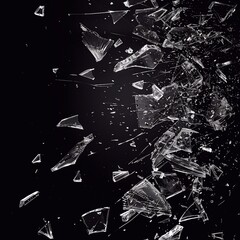 Shattered and broken glass shards flying through the air after crush broken on a black background.