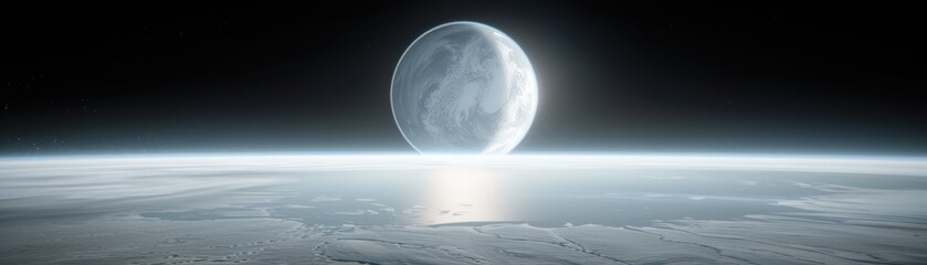 Wall Mural - A large moon is in the sky above a planet. Concept of vastness and wonder, as the moon