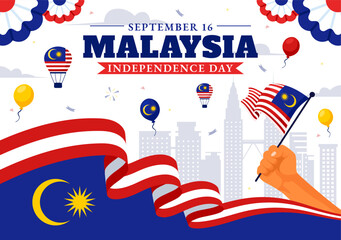 Happy Malaysia Independence Day Vector Illustration on September 16 with Waving Flag and Ribbon in a National Holiday Flat Style Cartoon Background