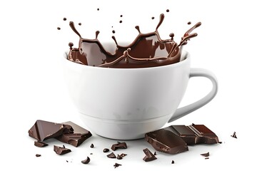 White coffee cup with dark chocolate splash, side view, isolated on white, realistic motion capture detail.