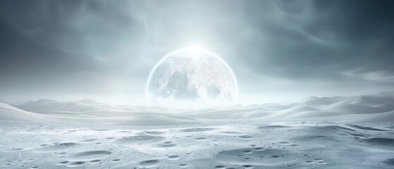 Wall Mural - A large white moon is in the sky above a snowy landscape. The scene is peaceful and serene, with the moon casting a soft glow over the snow-covered ground. Concept of wonder and awe