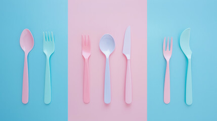 Wall Mural - A playful collection of pastel-colored plastic cutlery is arranged vertically, creating a charming and cheerful visual against a pink and blue backdrop.