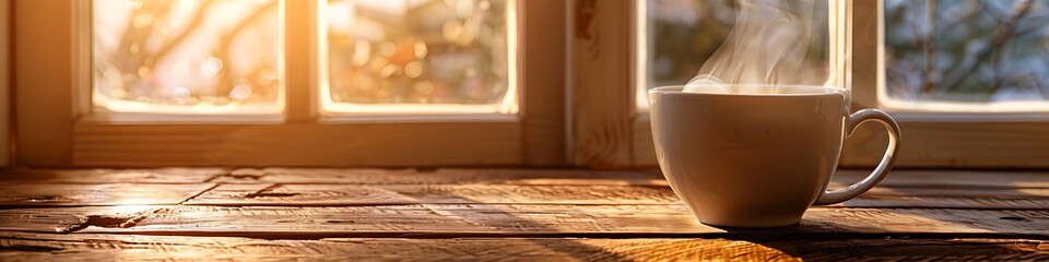 Wall Mural - White coffee cup with steam on a wooden table, window in the background, warm morning light.