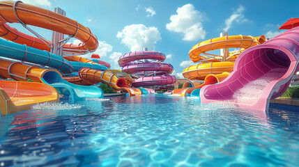 Sunny tropical day in a water park with colorful slides