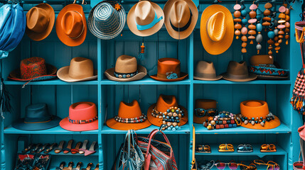 Fashionable accessories shop with trendy hats, belts, and jewelry