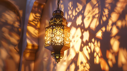 Intricate golden lantern hanging from ceiling casting warm shadows.