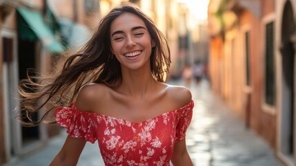 In Venice, Italy, a happy, attractive woman wearing a red summer dress is seen walking and running with a cheerful smile. Lovely twentysomething fashion model girl. mixed-race White female model outsi