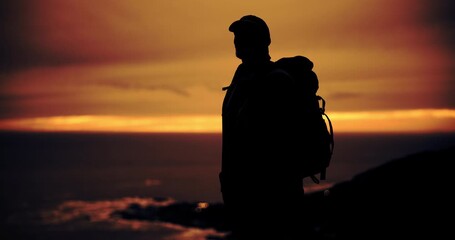 Canvas Print - Mountain, sunrise and shadow of man with hiking, travel and camp backpack with view and cliff. Silhouette, eco park and outdoor in the morning in nature with fitness, exercise and wellness with fog