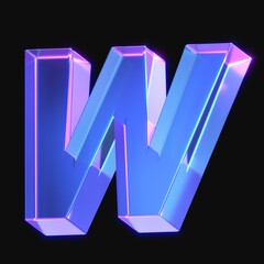 Fototapete - 3d rendering of glowing letter w in the dark with neon retro light. 3d illustration with gradient glass material	