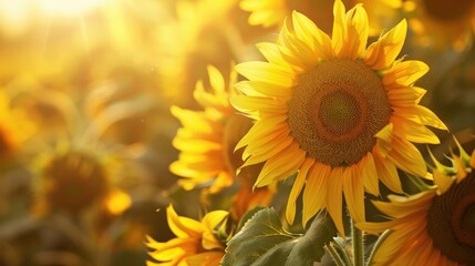 sunflowers. close-up of sunny yellow flowers in field at sunset