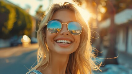 Wall Mural - Sunglasses Smiling. Portrait of an Attractive Young Woman with Stylish Sunglasses