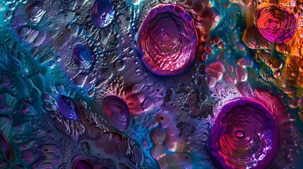 Poster - Abstract representation of stem cells in vivid colors, showing detailed textures and structures as seen under a high-powered microscope
