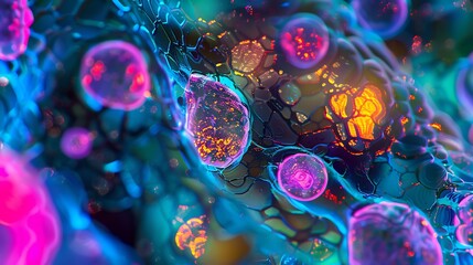 Poster - Brightly colored stem cells with intricate patterns under a microscope view, displaying a variety of shapes and sizes in a laboratory setting