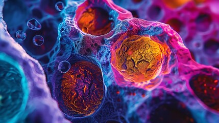 Poster - Abstract representation of stem cells in vivid colors, showing detailed textures and structures as seen under a high-powered microscope