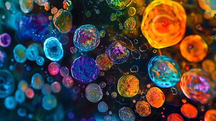 Poster - Brightly colored stem cells with intricate patterns under a microscope view, displaying a variety of shapes and sizes in a laboratory setting