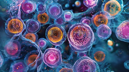 Poster - Brightly colored stem cells with intricate patterns under a microscope view, displaying a variety of shapes and sizes in a laboratory setting