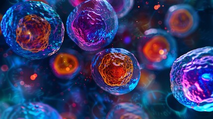 Poster - Brightly colored stem cells with intricate patterns under a microscope view, displaying a variety of shapes and sizes in a laboratory setting