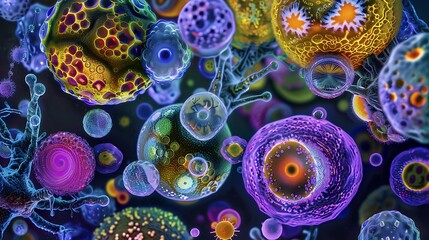Poster - Brightly colored stem cells with intricate patterns under a microscope view, displaying a variety of shapes and sizes in a laboratory setting
