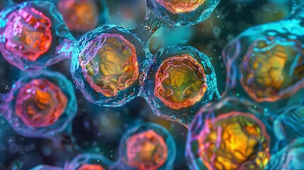 Poster - Brightly colored stem cells with intricate patterns under a microscope view, displaying a variety of shapes and sizes in a laboratory setting