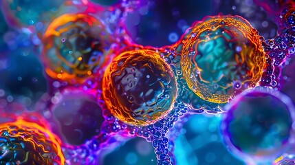 Poster - Close-up of stem cells with a mix of vibrant hues, highlighting the complexity and beauty of cellular structures in a lab environment