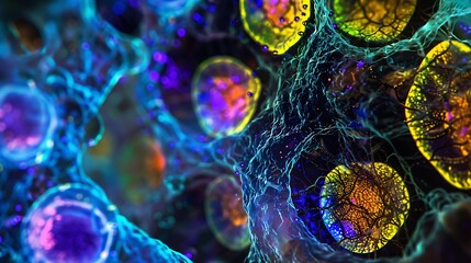 Poster - Detailed image of stem cells under a microscope, showcasing a colorful and dynamic arrangement of cells in a laboratory context