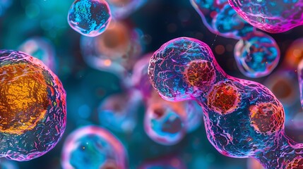 Poster - Detailed image of stem cells under a microscope, showcasing a colorful and dynamic arrangement of cells in a laboratory context