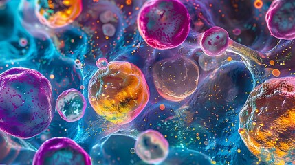 Poster - Detailed image of stem cells under a microscope, showcasing a colorful and dynamic arrangement of cells in a laboratory context