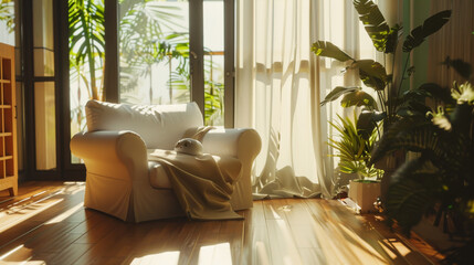 Canvas Print - Bright and airy living room with a comfy white armchair, surrounded by lush plants in a sun-drenched space, embodying relaxation and natural beauty.