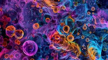 Poster - Microscopic view of multicolored stem cells, featuring a diverse array of forms and patterns in an abstract and artistic style