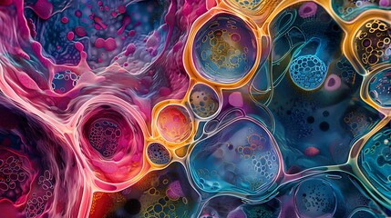 Poster - Microscopic view of multicolored stem cells, featuring a diverse array of forms and patterns in an abstract and artistic style