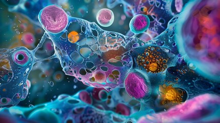 Poster - Microscopic view of multicolored stem cells, featuring a diverse array of forms and patterns in an abstract and artistic style