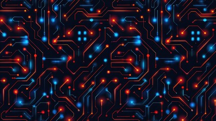 Leinwandbilder - Seamless of an technology pattern with an intricate network of interconnected neon colored circuits geometric shapes and a digital futuristic graphic design backdrop