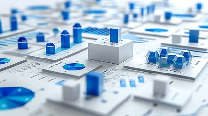Poster - Blue 3D Charts and Graphs on White Background.