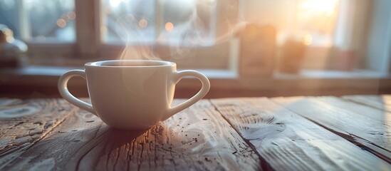 White cup with hot coffee, steam rising, placed on a wooden table, window light in the background, cozy scene.