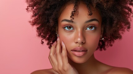 African beauty lady with curly hair on pink background