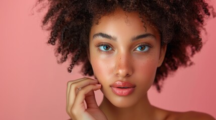 African beauty lady with curly hair on pink background