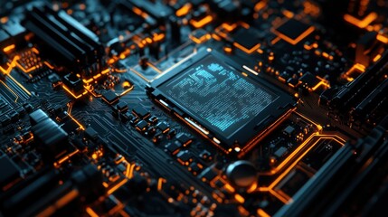 Aufkleber - Close-up of a Circuit Board with Glowing Orange Traces and a Blue Digital Display