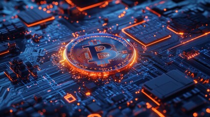 Poster - Bitcoin Coin on a Futuristic Circuit Board
