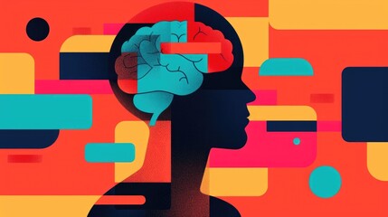 Poster - Vibrant depicting the concept of machine cognition and intelligence  The abstract brain imagery showcases the digital technological and imaginative aspects of cognitive processing and intelligence