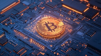 Poster - Glowing Bitcoin on a Circuit Board