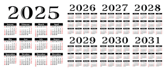 Poster - A set calendar templates for a year 2025 - 2031.
