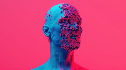 Poster - High tech conceptual depicting a fragmented pixelated representation of the human mind and cognition  The image features a digital futuristic aesthetic with glowing interconnected neural nodes