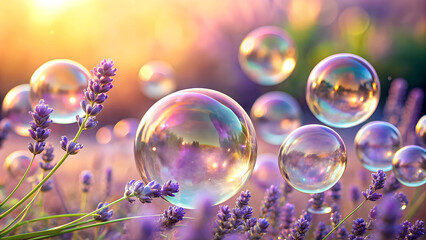 Wall Mural - Whimsical soap bubbles settle on a soft lavender surface, creating a gentle and relaxing mood